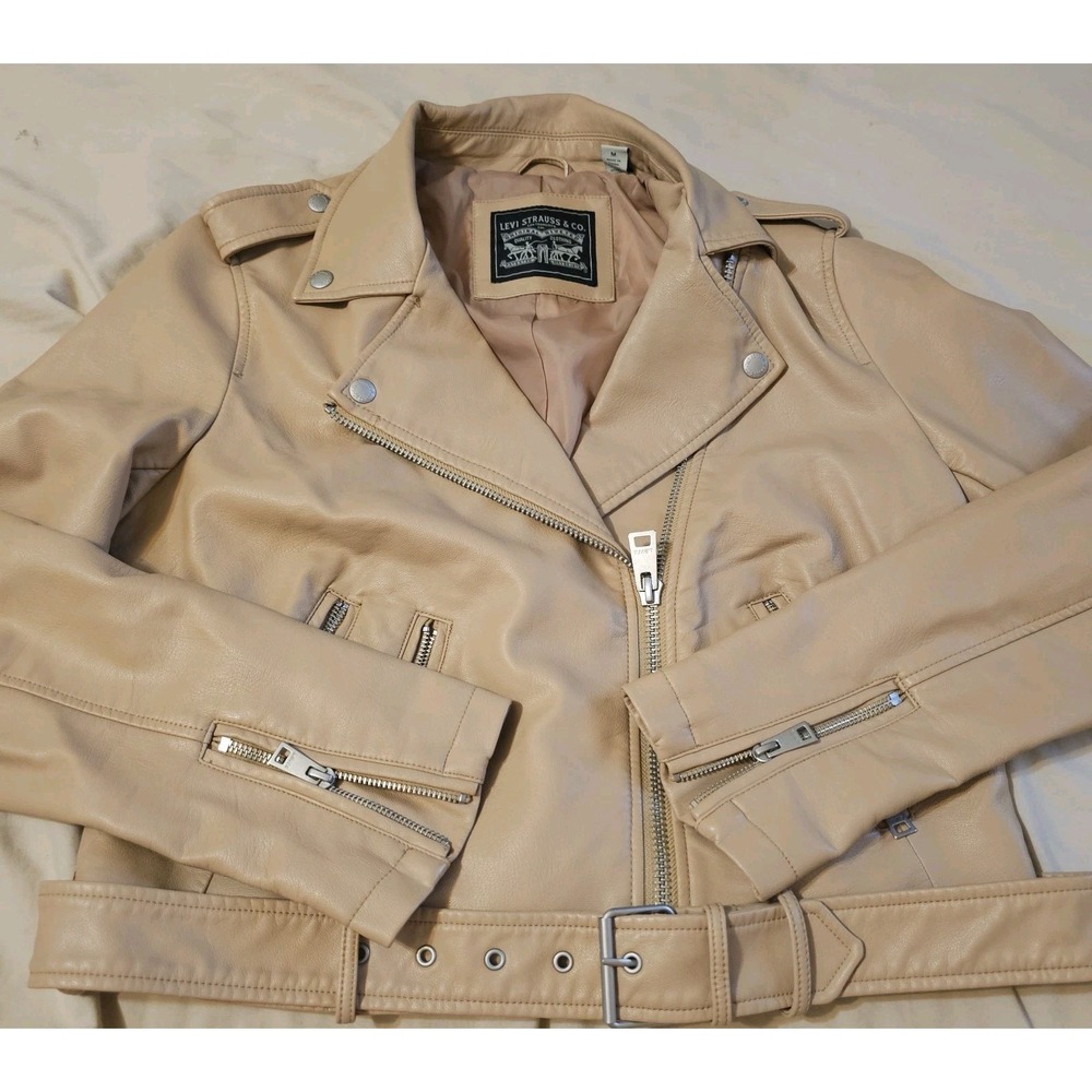 Levi Strauss Co Tan Faux Leather Moto Jacket Belted Zip Detail. Womens Medium